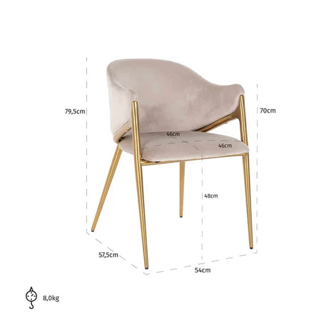 Chaise de salle à manger de luxe en laiton et velours de vison