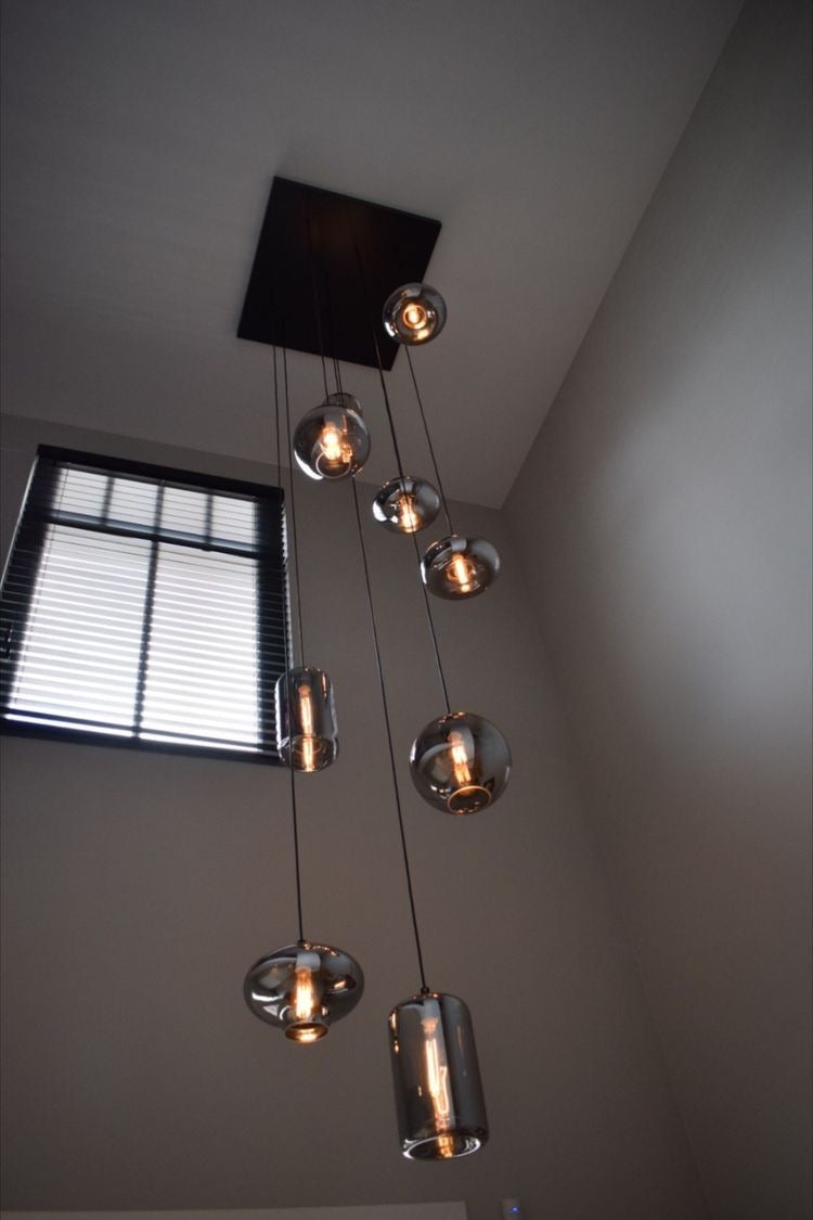 Modern Smoke Gray Glass Pendant Light Fixture Chandelier For 2 Story Foyer/Entryway/Staircase
