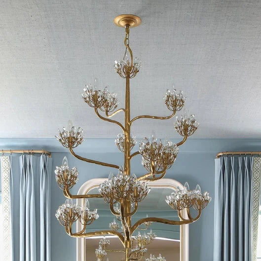 Lampadario di lusso con fiori e rami dorati per soggiorno/scala/camera da letto
