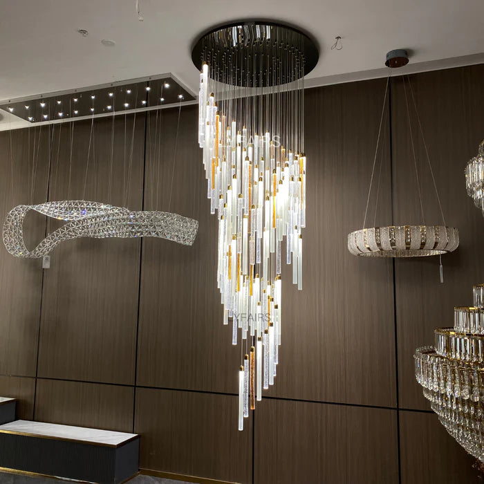 Lustre cylindrique moderne en cristal transparent et orange flottant pour plafond haut