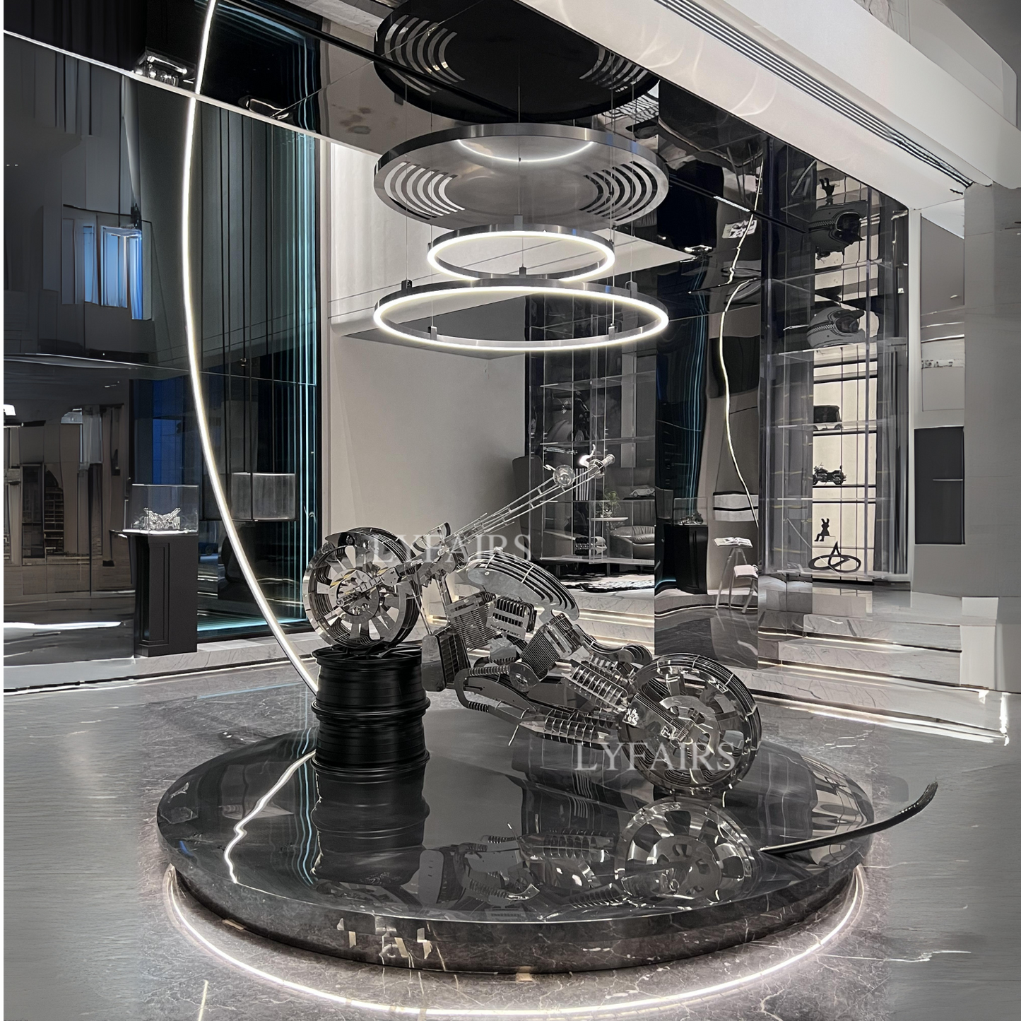 Scultura futuristica di motocicletta in acciaio inossidabile