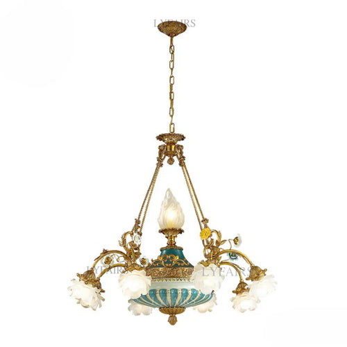 LYFAIRS x FH&Home Baroque Floral Glass Brass Chandelier with Porcelain Bottom