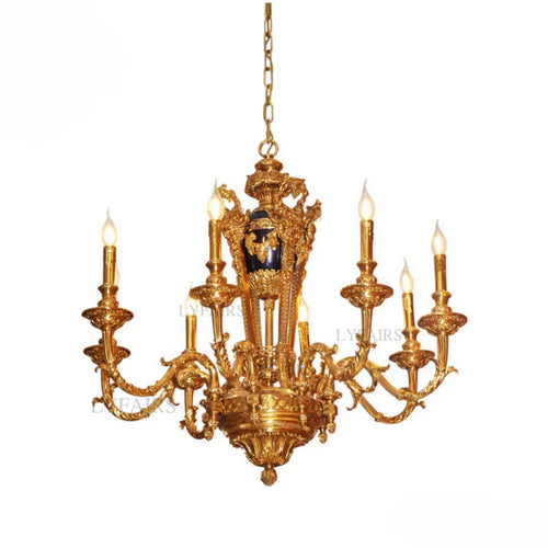 LYFAIRS x FH&Home Baroque Exquisite Brass Carved Chandelier with Blue Porcelain