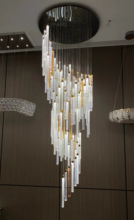 Lustre cylindrique moderne en cristal transparent et orange flottant pour plafond haut