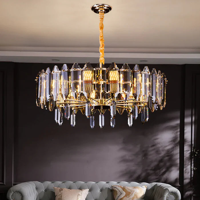 Lampadario moderno ed elegante in cristallo trasparente dorato, adatto per sala da pranzo/soggiorno
