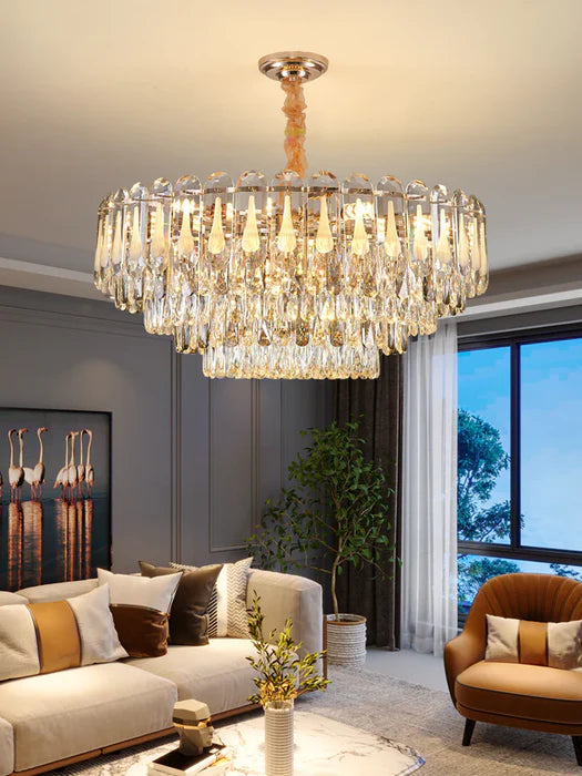 Lustre à plusieurs niveaux en cristal transparent surdimensionné, idéal pour le salon, la salle à manger ou la chambre à coucher