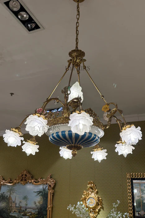 LYFAIRS x FH&Home Baroque Floral Glass Brass Chandelier with Porcelain Bottom