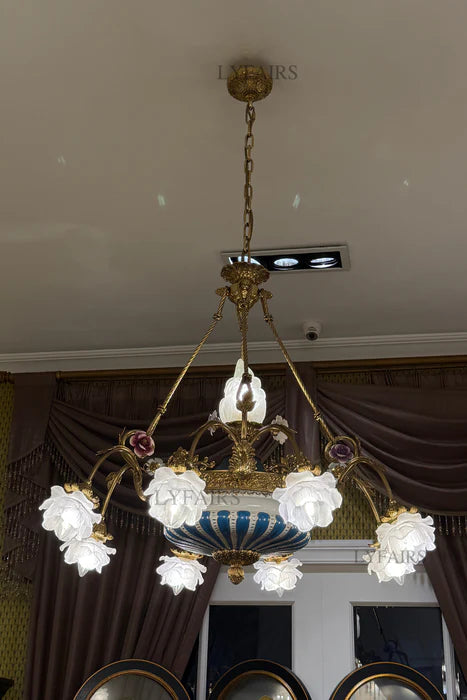 LYFAIRS x FH&Home Baroque Floral Glass Brass Chandelier with Porcelain Bottom