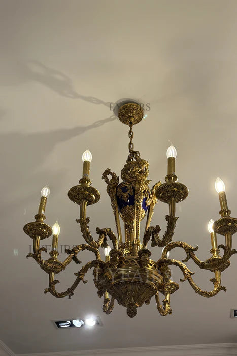 LYFAIRS x FH&Home Baroque Exquisite Brass Carved Chandelier with Blue Porcelain