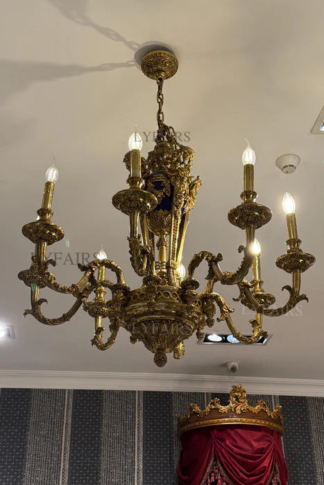 LYFAIRS x FH&Home Baroque Exquisite Brass Carved Chandelier with Blue Porcelain