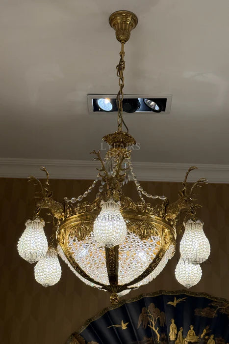 LYFAIRS x FH&Home Baroque Brass Deer Crystal Chandelier for Palace/Hotel