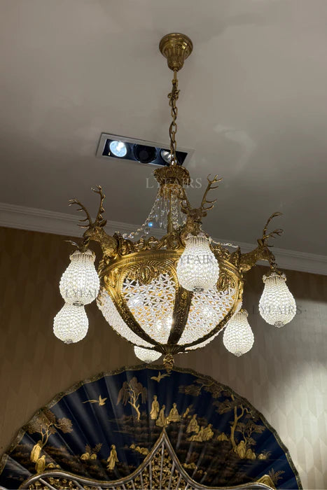 LYFAIRS x FH&Home Baroque Brass Deer Crystal Chandelier for Palace/Hotel