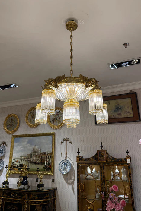 LYFAIRS x FH&Home Baroque Brass Birds Handcrafted Glass Rods Chandelier