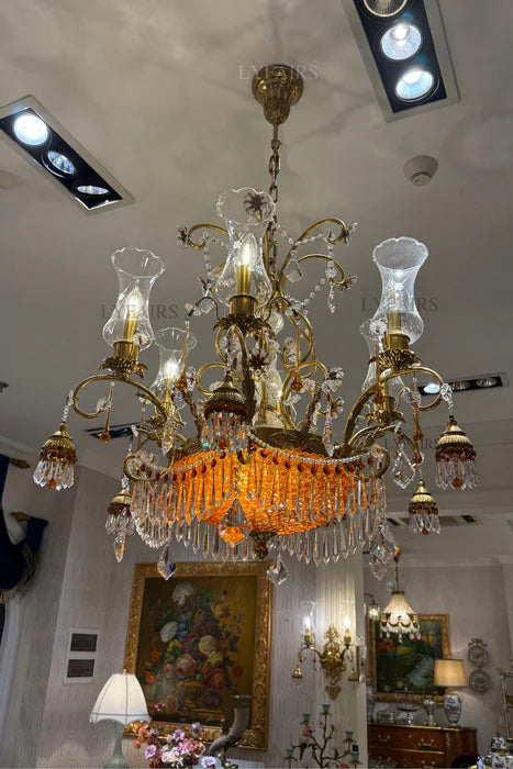 LYFAIRS x FH&Home Baroque Brass Branches Crystal Chandelier with Glass Lampshades
