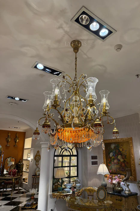 LYFAIRS x FH&Home Baroque Brass Branches Crystal Chandelier with Glass Lampshades