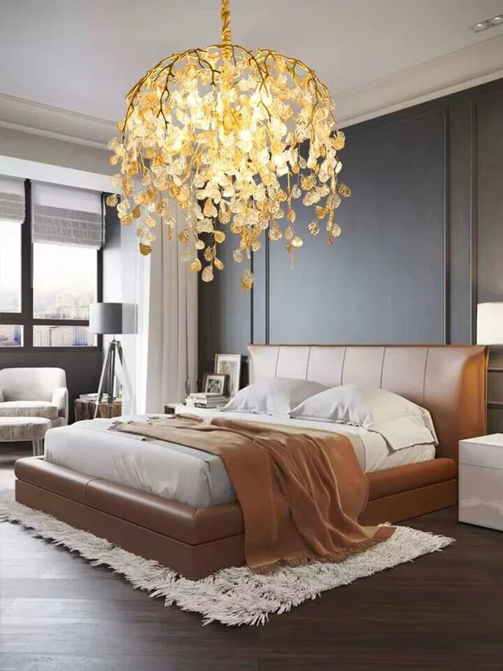 Lampadario moderno di lusso in cristallo con rami di foglie in rame per soggiorno/sala da pranzo/camera da letto