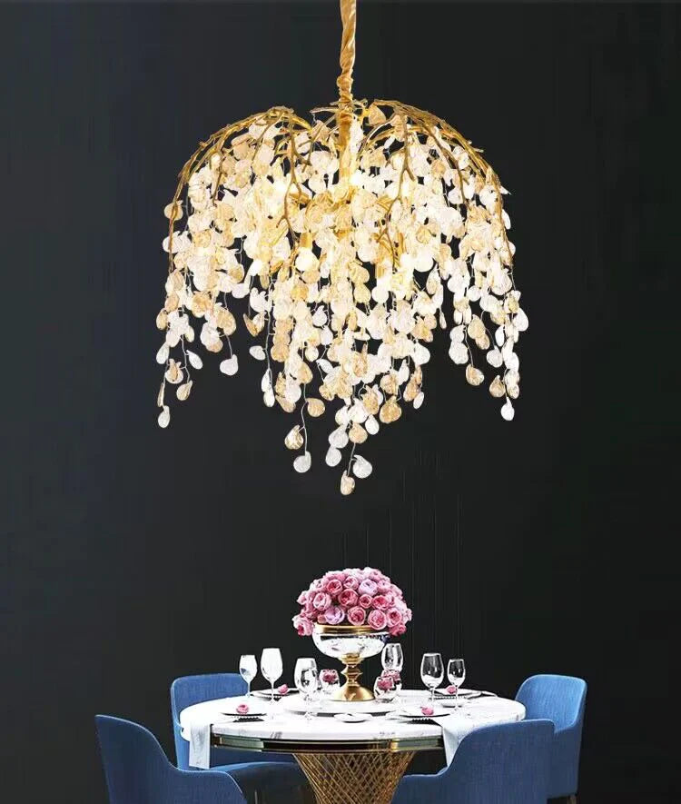 Lampadario moderno di lusso in cristallo con rami di foglie in rame per soggiorno/sala da pranzo/camera da letto