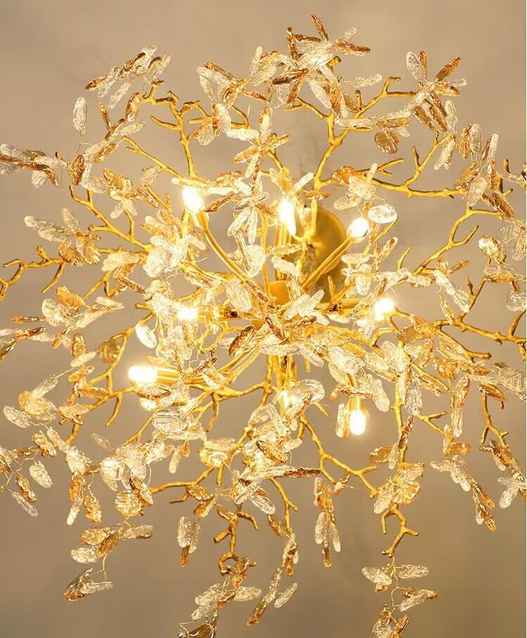 Lampadario moderno di lusso in cristallo con rami di foglie in rame per soggiorno/sala da pranzo/camera da letto