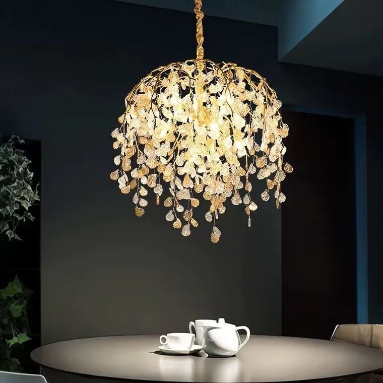 Lampadario moderno di lusso in cristallo con rami di foglie in rame per soggiorno/sala da pranzo/camera da letto