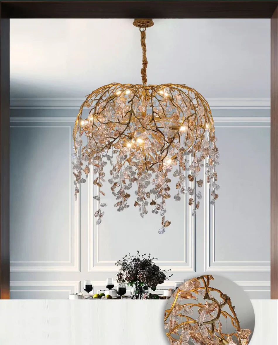 Lampadario moderno di lusso in cristallo con rami di foglie in rame per soggiorno/sala da pranzo/camera da letto