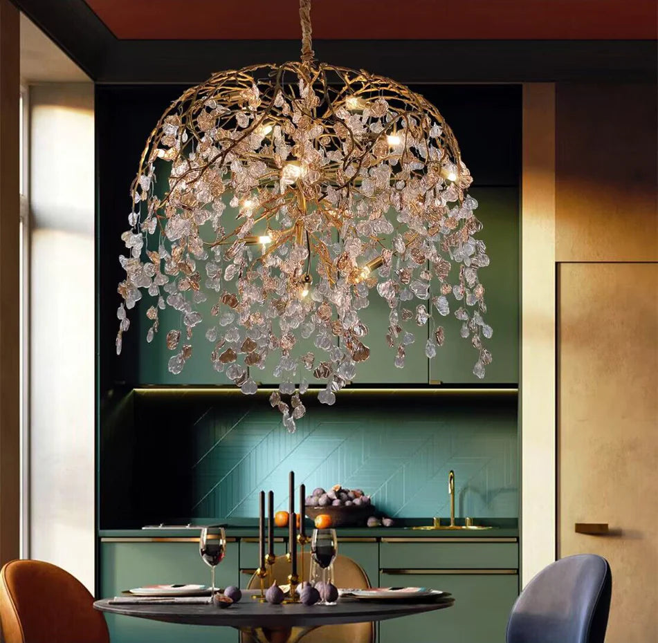 Lampadario moderno di lusso in cristallo con rami di foglie in rame per soggiorno/sala da pranzo/camera da letto