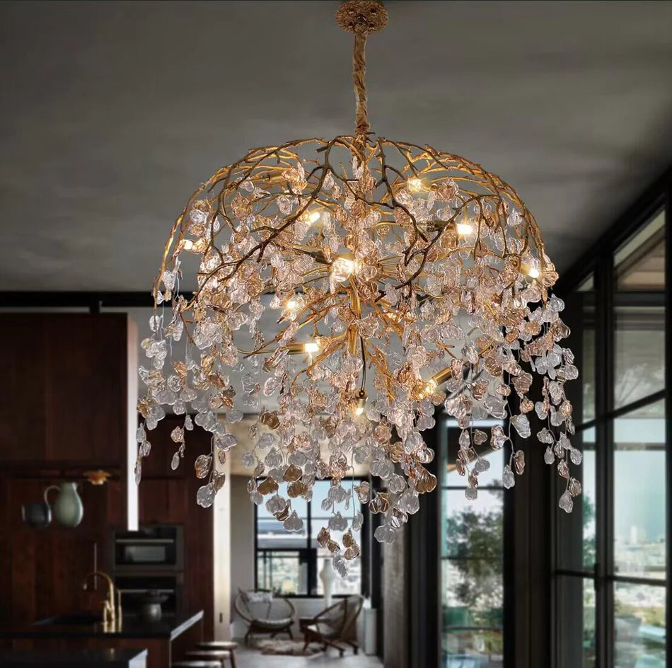 Lampadario moderno di lusso in cristallo con rami di foglie in rame per soggiorno/sala da pranzo/camera da letto