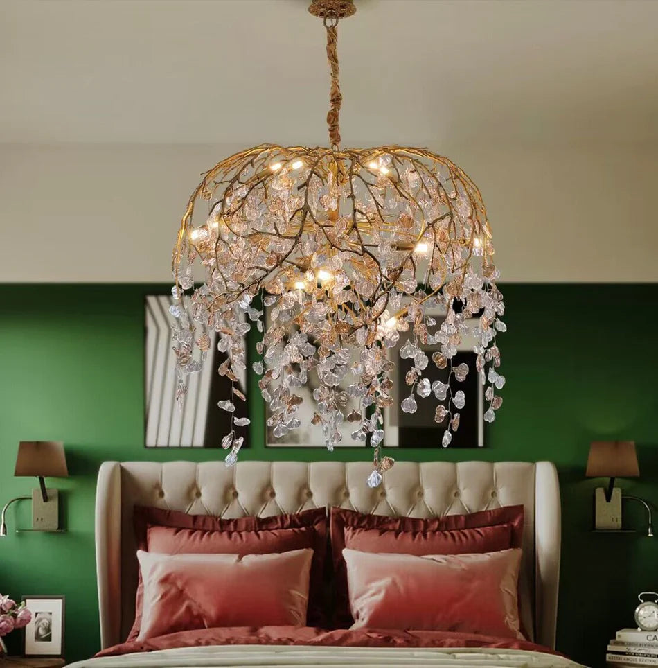 Lampadario moderno di lusso in cristallo con rami di foglie in rame per soggiorno/sala da pranzo/camera da letto