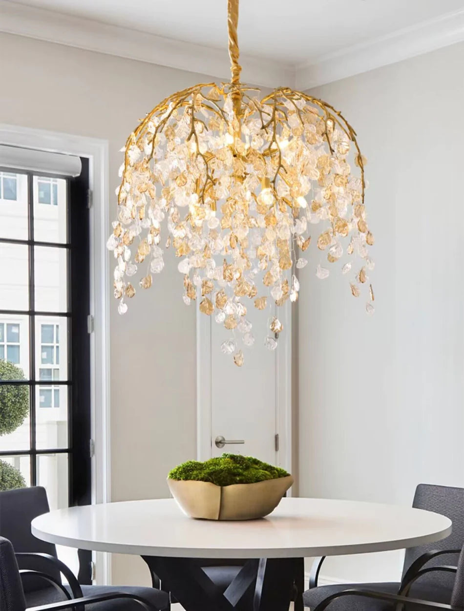 Lampadario moderno di lusso in cristallo con rami di foglie in rame per soggiorno/sala da pranzo/camera da letto