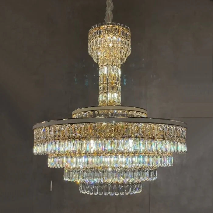 Lampadario moderno in cristallo rotondo a più livelli con pelle bianca per ingresso/soggiorno/scale