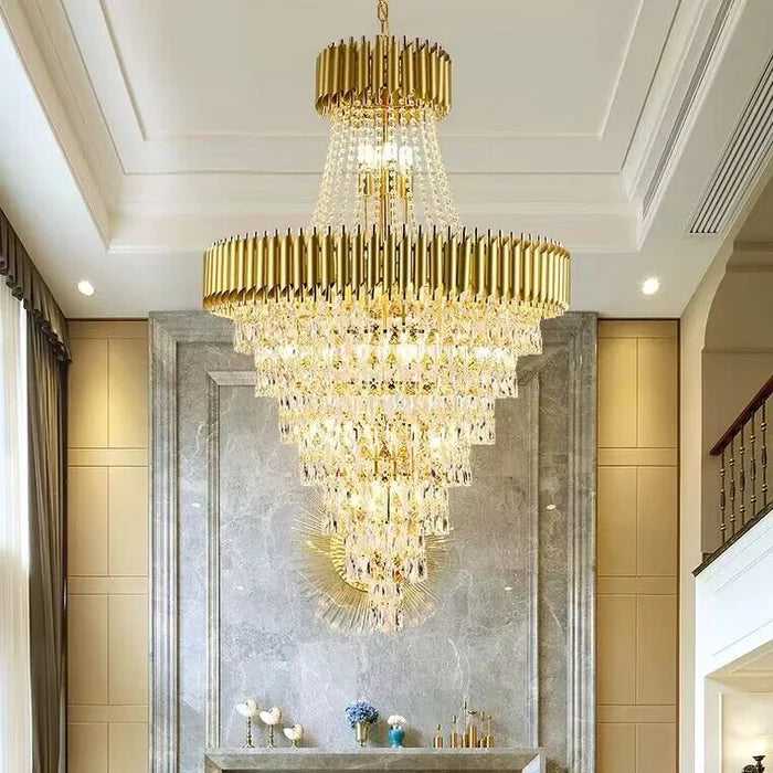 Lustre en cristal de luxe extra large, moderne et multicouche, couleur or/noir, pour hall d'entrée/haut plafond