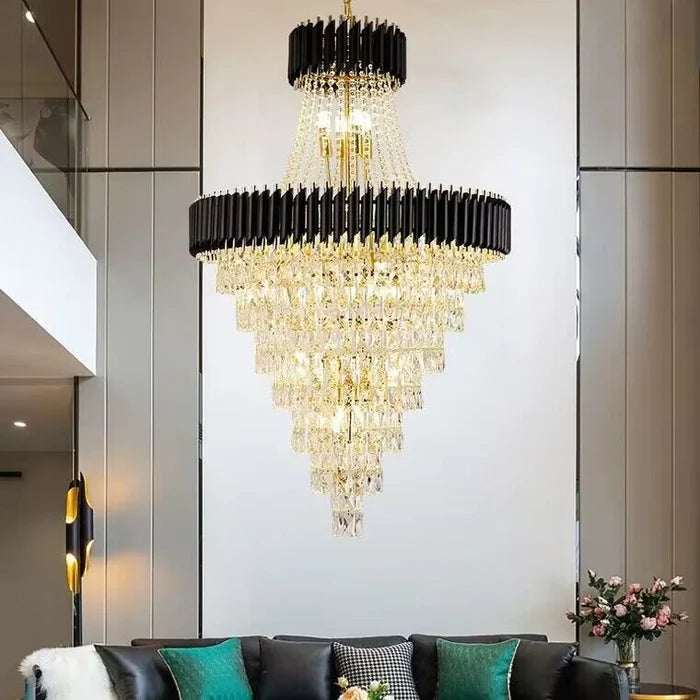 Lustre en cristal de luxe extra large, moderne et multicouche, couleur or/noir, pour hall d'entrée/haut plafond