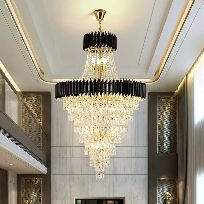 Lustre en cristal de luxe extra large, moderne et multicouche, couleur or/noir, pour hall d'entrée/haut plafond
