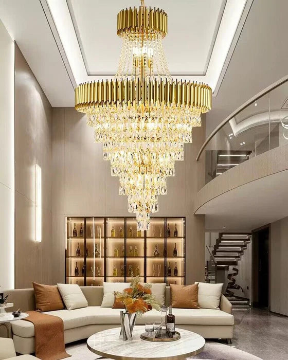 Lustre en cristal de luxe extra large, moderne et multicouche, couleur or/noir, pour hall d'entrée/haut plafond
