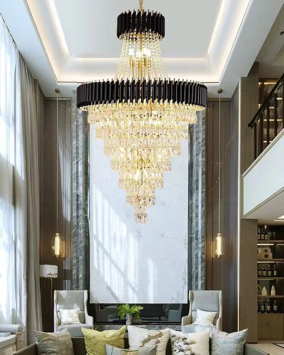 Lustre en cristal de luxe extra large, moderne et multicouche, couleur or/noir, pour hall d'entrée/haut plafond