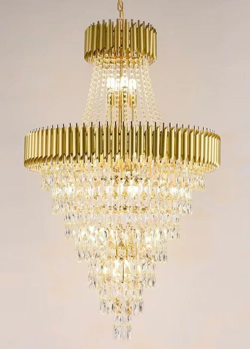 Lustre en cristal de luxe extra large, moderne et multicouche, couleur or/noir, pour hall d'entrée/haut plafond