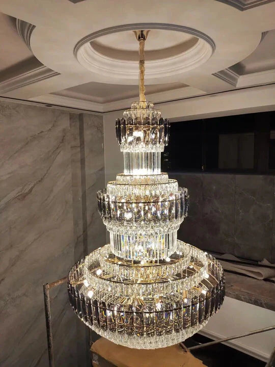 Lampadario Golden Era Grand Cascade Fountain in cristallo grigio fumé e trasparente per soffitti alti