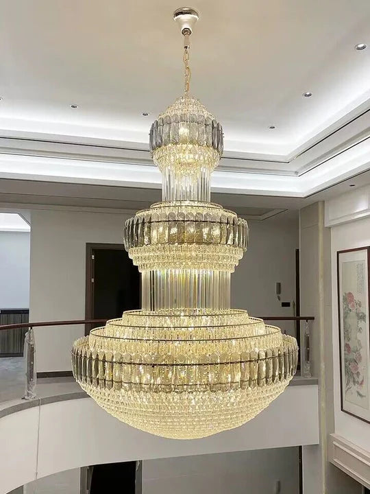 Lampadario Golden Era Grand Cascade Fountain in cristallo grigio fumé e trasparente per soffitti alti