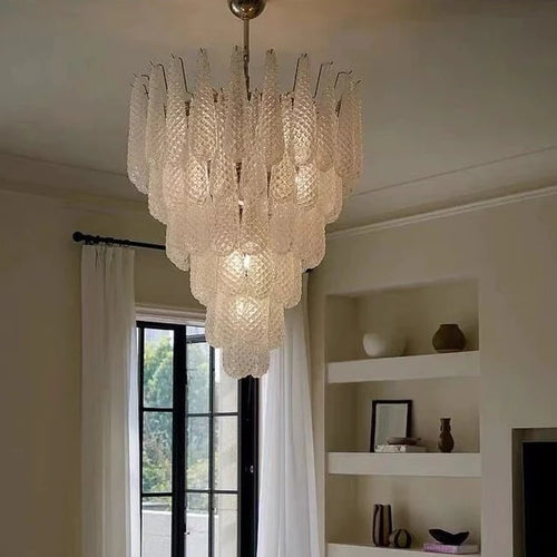 Lampadario a goccia multistrato con motivo a quadri bianchi per soggiorno/camera da letto