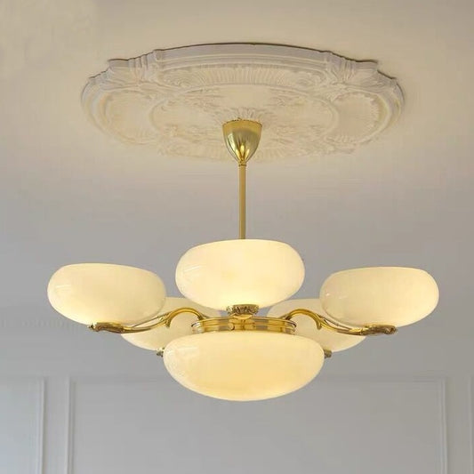 Chic Mid-century  Art Deco Style Brass Chandelier With White Opal