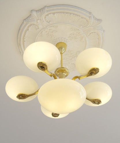Chic Mid-century  Art Deco Style Brass Chandelier With White Opal