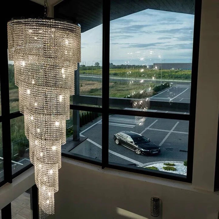 Elegant Long Spiral Tassel Crystal Chandelier For Living Room Foyer Staircase