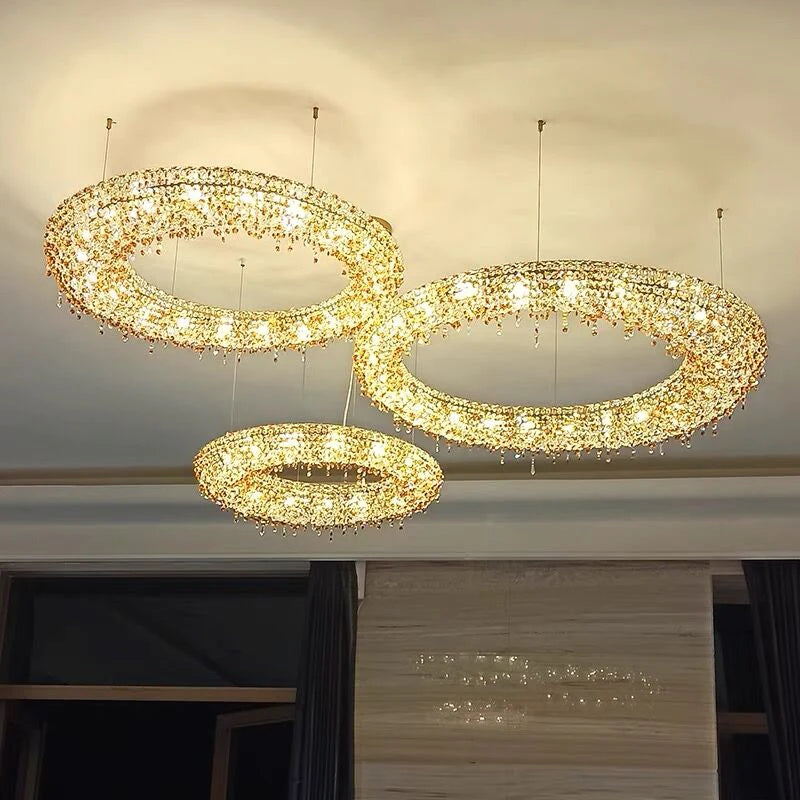 Lampadario di lusso con perline di cristallo colorate a cerchio eccentrico unico, lampada da soffitto per soggiorno, sala da pranzo