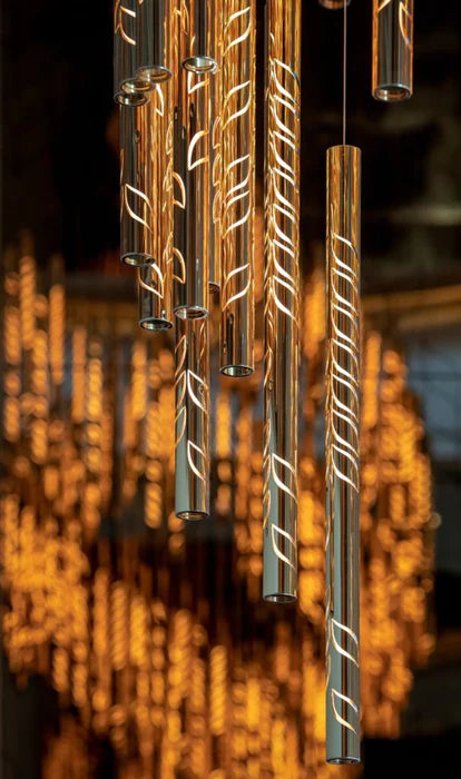 Lustre en tube de verre inspiré des feuilles flottantes, design d'art moderne, pour plafond haut