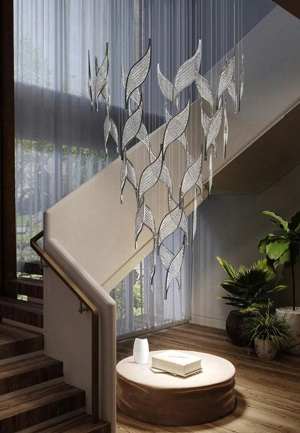 Lampadario moderno di lusso con foglia traforata multistrato in cristallo per soggiorno/scala/bilocale