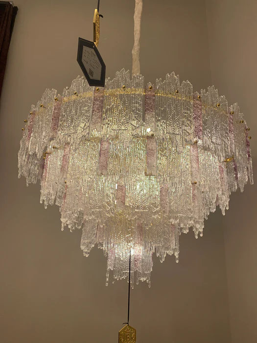 Lustre rond en cristal rose/bleu à 5 niveaux, de luxe et léger, pour salon/chambre