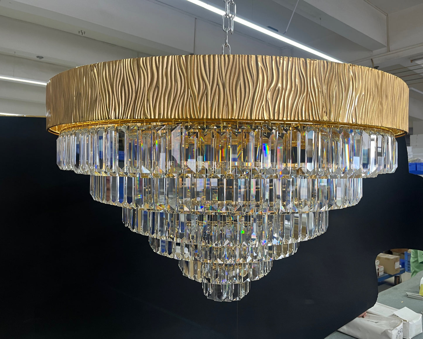 Lustre de plafond rond/ovale en cristal doré, luxueux et moderne, surdimensionné, pour salon/salle à manger