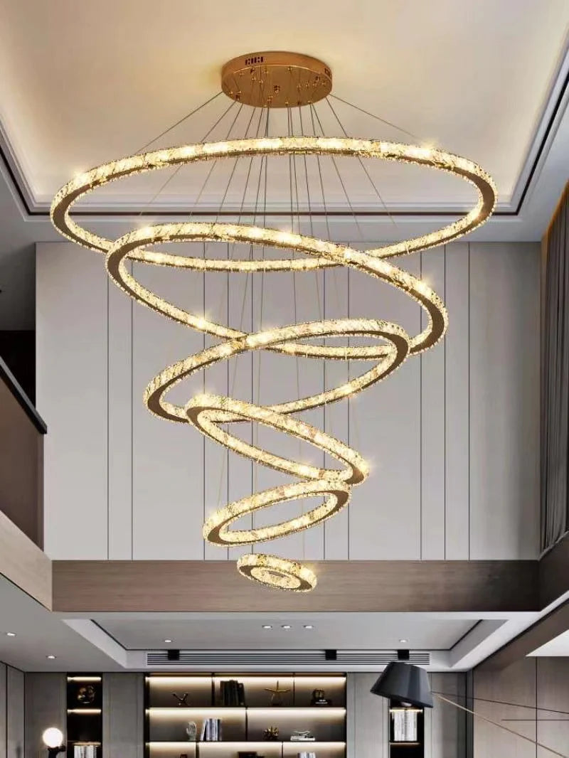 Lampadario di cristallo di lusso leggero a 5/6/7 anelli per scale/ingresso/villa