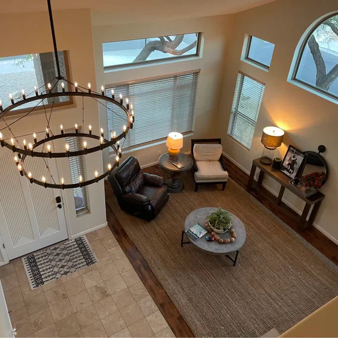 Lustre industriel minimaliste à anneaux métalliques à 1, 2 ou 3 niveaux pour plafonds hauts