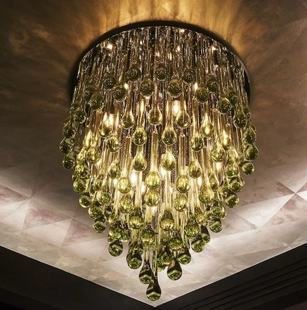 Modern Flush Mounted Green Rainrop Glass Chandelier