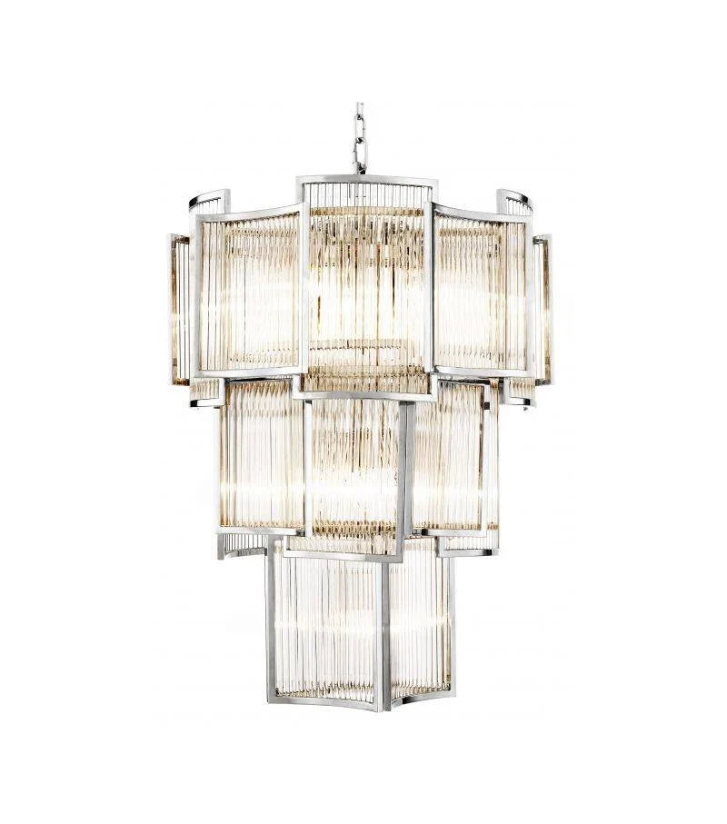 Lustre moderne à plusieurs niveaux avec tiges en cristal pour plafond haut
